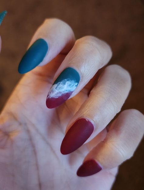 Matte Burgundy and Teal Nails with white smokey wisps on middle finger Maroon And Teal Nails, Navy And Burgundy Nails, Dark Teal Nails, Dark Red Nails, Teal Nails, Maroon Nails, Burgundy Nails, Teal Wedding, July Nails