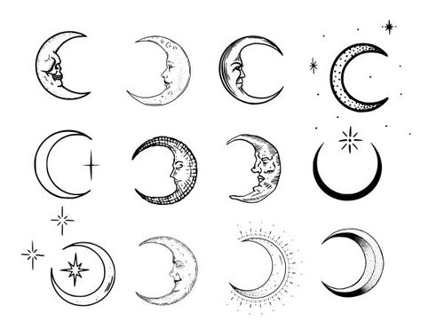 Moon Tattoo Set Vector (EPS, SVG) Disney Moon Tattoo, Moon Tattoo Patchwork, Moon Bird Tattoo, Sleep Tattoo Ideas, Goth Moon Tattoo, Moon Tattoo Designs Men, Moon Simple Tattoo, Moon Tattoo Neck, Gothic Moon Tattoo