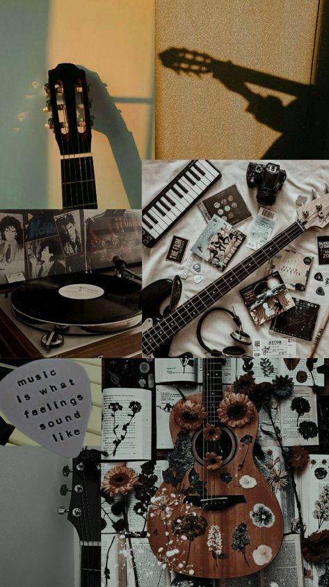 Music Instruments Aesthetic, Guitar Lockscreen, Music Lockscreen Aesthetic, Musical Instruments Aesthetic, Peach Aesthetic Wallpaper, Music Lockscreen, Guitar Collage, Japan Collage, Books And Pens Photography