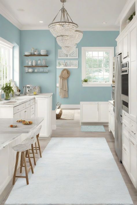 interior wall paint, interior decorating, kitchen interior design, home paint colors Light Teal Kitchen Walls, Teal Kitchen Walls, Teal Painted Walls, Aqua Paint Colors, Beige Wall Colors, Pale Blue Walls, Coastal Palette, Light Oak Floors, Blue Wall Colors