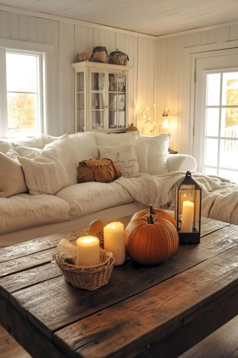 Fall Farmhouse Decor Living Rooms, Autumn Coffee Table Decor, Cozy Living Room Ideas, Farmhouse Living Room Decor Ideas, Fall Living Room Decor, Cozy Fall Decor, Fall Decor Ideas, Coffee Table Decor, Modern Farmhouse Living Room