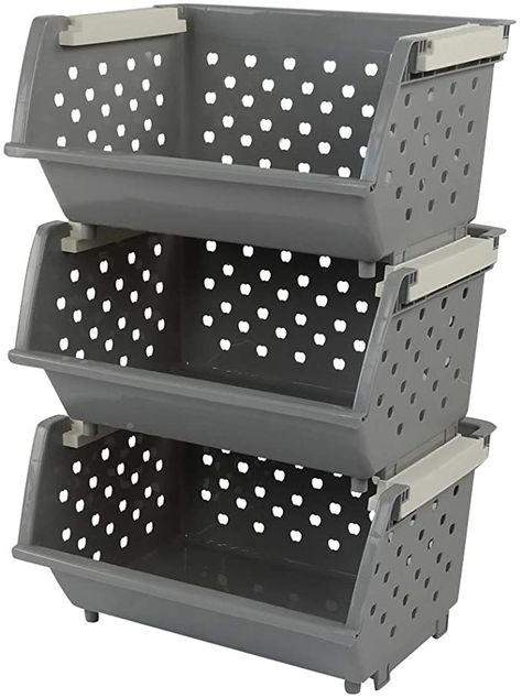 Amazon.com: Eagrye Plastic Stackable Storage Bins, Multi-functional Stacking Basket, Grey, Pack of 3 : Home & Kitchen Spare Room Closet, Guy Dorm Rooms, Guy Dorm, Stacking Basket, Stackable Baskets, Stacking Bins, Stacking Shelves, Pantry Baskets, Office Break Room