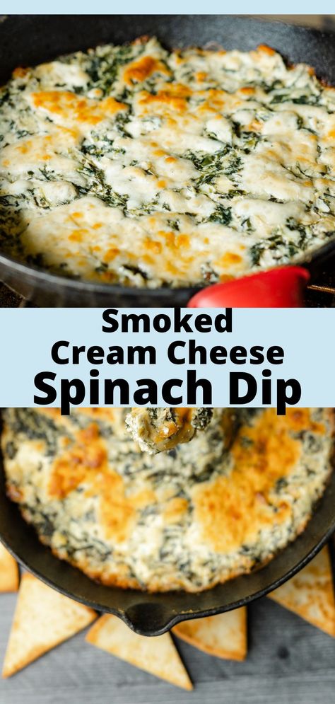 A cast iron pan with smoked cream cheese spinach dip that has been cooked on a Recteq pellet smoker along with a side of pita chips. Smoked Spinach Dip, Ranch Spinach Dip 12 Tomatoes, Smoked Dip Ideas, Smoked Spinach Artichoke Dip, Smoked Dips Appetizer, Smoked Cream Cheese Dip, Smoked Dip Recipe, Smoked Dips, Spinach Dip With Cream Cheese