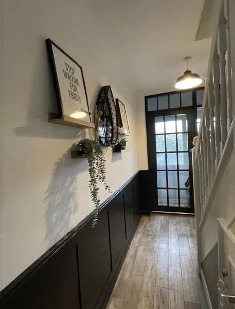 Waynes Coating Black, Half White Half Black Wall, Black Panelled Hallway, Black Paint Under Chair Rail, Half Black Wall Hallway, Black Wood Paneling Half Wall, Black Wainscoting Half Wall, Black And White Wall Panelling, Black Wood Hallway