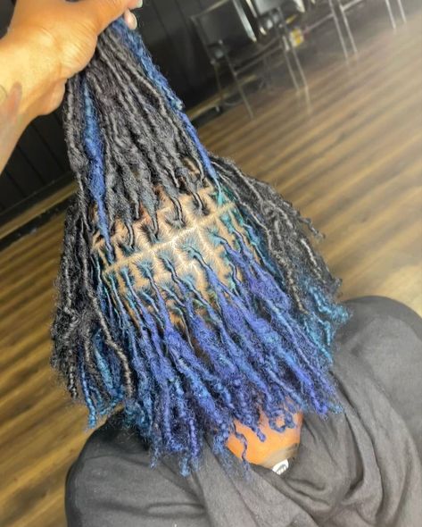 Colors To Dye Your Locs Black Women, Blue Peekaboo Locs, Blue Dreads Men, Locs Black Women Color, Blue Locs Men, Dread Dye Ideas, Locs Real Hair, Dyed Dreadlocks Black Women, Dyed Dreads Black Women