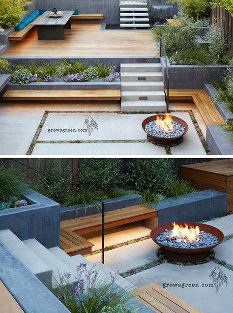 This backyard was transformed into a modern tiered garden with seating, a firebowl, a water feature, and stairs connecting the different levels. #ModernBackyard #ModernLandscaping #TieredBackyard Overgrown Backyard, Yard Oasis, Overgrown Garden, Moderne Have, Tiered Garden, Modern Landscape Design, Modern Garden Design, Modern Landscape, Modern Backyard