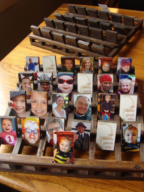 Handmade family guess who game Guess Who Family Members, Guess In 10 Game Diy, Homemade Guess Who Game, Diy Guess Who Game, Custom Guess Who Game, Wood Memory Game, Game Closet, Guess Who Game, History Games