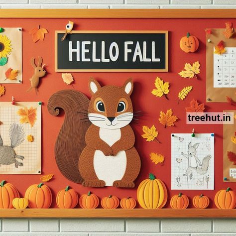 Squirrel Bulletin Board Ideas and Classroom Activity Ideas for Elementary School in Fall | October Bulletin Board Ideas | Environment Autumn Decor Classroom, Squirrel Bulletin Board Ideas, October Classroom Decorations, Preschool Fall Bulletin Boards, Autumn Bulletin Board Ideas, Fall Classroom Bulletin Boards, Fall Bulletin Board Ideas For Preschool, Fall School Doors, Autumn Classroom Decorations