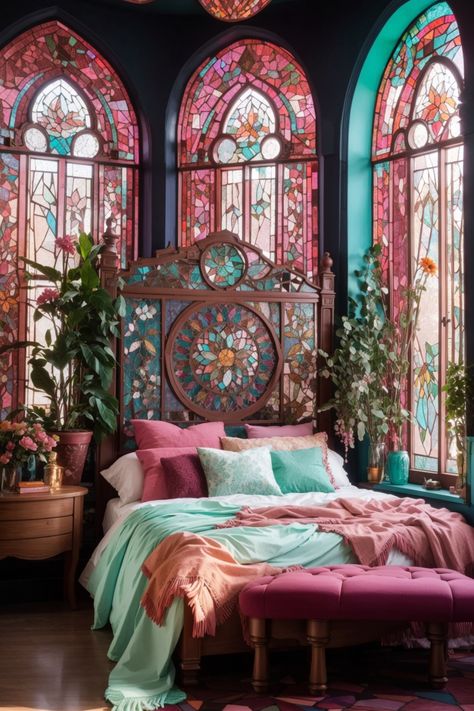 Enter a realm where grandeur meets earthiness in this Dark Boho Bedroom, as stained glass windows weave tales in light. The teal and pink bedding contrasts sumptuously with the dark blue walls, as an intricate headboard takes the breath away. A lush pink bench adds a royal touch, while potted plants bring whispers of nature. The geometric rug grounds the space in cozy warmth. Indeed this dark boho bedroom is the epitome of cozy while being beautiful. Plants And Lights Bedroom, Bedroom Ideas Windows Beside Bed, Pink And Blue House Decor, Teal Pink Aesthetic, Stained Glass Headboard, Pink And Teal Room, Dark Blue And Pink Bedroom, Dark Pink Room, Cluttercore Bedroom