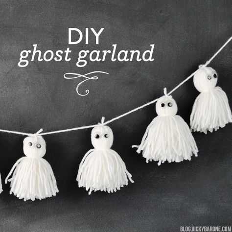 DIY Ghost Garland - Vicky Barone Pom Pom Ghost Craft, Ghost Garland Yarn, Pom Pom Ghost, White Yarn Crafts, Ghost Pom Pom, Diy Ghost Garland Yarn, Halloween Yarn Garland, Yarn Ghosts Diy, Yarn Ghost Garland