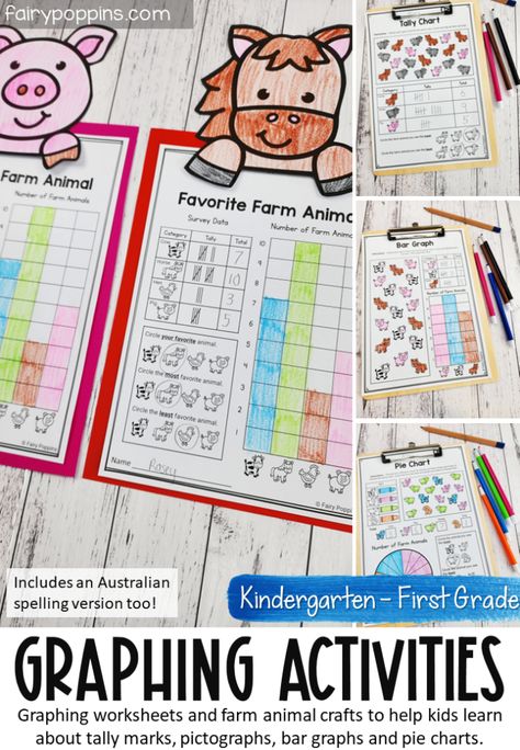 Graphing Activities for Kindergarten and First Grade (Farm theme) Graphs For Preschoolers, Graphing Ideas For Kindergarten, Graphing Activities 1st Grade, Graphing Anchor Chart First Grade, Pictograph Activities, Data And Graphing First Grade, Halloween Graphing, Bar Graphs First Grade, Fairy Poppins