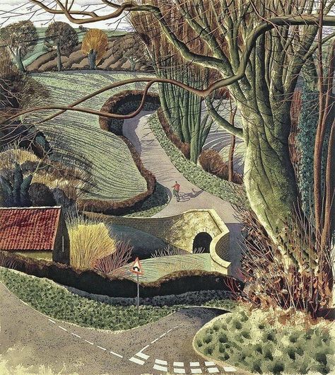 Art Infinitus Painting on Instagram: “Simon Palmer (English, born 1956) Cycling Home,1996 Simon Palmer was born in Yorkshire in 1956 and was brought up in Bromley where his…” Simon Palmer, Greeting Card Collection, David Hockney, Postcard Collection, Landscape Artwork, British Art, Art And Craft, British Artist, Land Scape