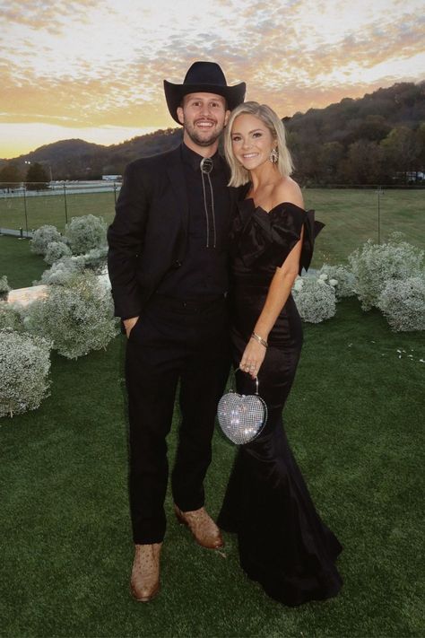 Disco Cowboy Wedding Guest, Mens Formal Western Outfits, Cowboy Wedding Guest Outfit Men, Mens Western Wedding Attire Guest, Formal Mountain Wedding, Cowboy Black Tie Attire, Black Tie Wedding Guest Couple, All Black Attire Wedding Guest, Country Black Tie Wedding