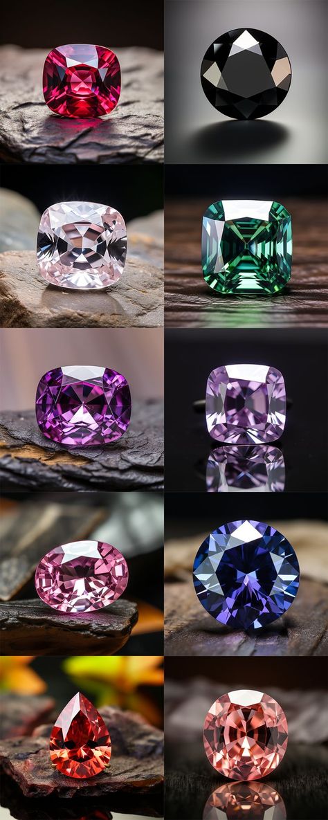 Loose sourced out gemstones each displayed in different scenery including red, black, colorless, green, purple, lavender, pink, blue, orange, and peach spinel gemstones. Spinel Stone, Spinel Jewelry, Red Spinel, Spinel Gemstone, Gray Tones, Black Spinel, Gemstone Colors, Bright Red, Luxury Jewelry