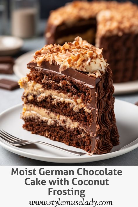 Enjoy a moist German chocolate cake layered with creamy coconut-pecan frosting and rich chocolate buttercream. A family favorite! German Chocolate Icing Recipe, Moist German Chocolate Cake, Easy German Chocolate Cake, Chocolate Cake With Coconut, Chocolate Icing Recipes, German Chocolate Cake Recipe, Pecan Filling, Pecan Frosting, Chocolate Roll Cake