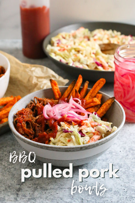 You're going to love how easy this semi-homemade summer meal can be! Use pre-cooked pulled pork or leftover pulled pork in these delicious bowls, paired with creamy coleslaw, crispy sweet potato fries, and tangy pickles. Add your favorite BBQ sauce and enjoy! #pulledporkbowls #BBQbowls #pulledpork Bbq Pulled Pork Bowl, Pulled Pork Bowl Healthy, Pulled Pork Sweet Potato Bowl, Pulled Pork Dishes Ideas, Pulled Pork Bowls, Pulled Pork Bowl, Bowls With Sweet Potato, Pulled Pork Dishes, Delicious Bowls