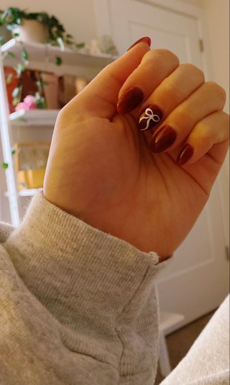 Red Nails With Ribbon, Ribbon Bow Nails, Dark Red Nails With Bow, Bow Nails Short, Short Bow Nails, Cherry Red Nails Short, Chrisrmas Nails, Short Cherry Nails, Red Nails With Bow