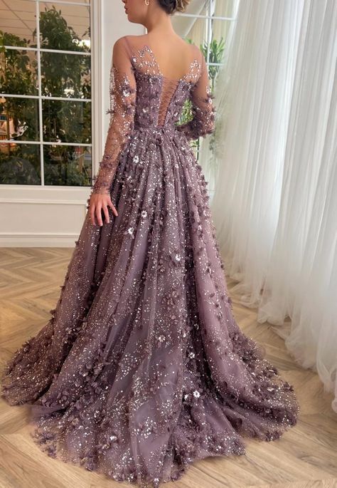 Elegant Purple Tulle Gown, Purple Party Gown With Intricate Embroidery, Ethereal Ball Gown, Embellished Purple Ball Gown Dress, Ball Gown Purple, Luxury Lavender Floor-length Gown, Teuta Matoshi Gown Purple, Fish Cut Gown, Muslim Prom Dress