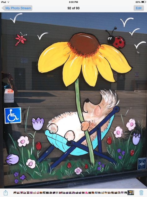 Painted by Susie Smith. Mr Hedgehog Spring 2014 April Window Painting, Window Drawing Ideas Spring, Easter Window Art Ideas, Spring Murals For School, Window Painting Ideas Spring, Spring Window Ideas, Window Murals Ideas, Spring Painted Windows, Spring Window Painting Ideas Easy