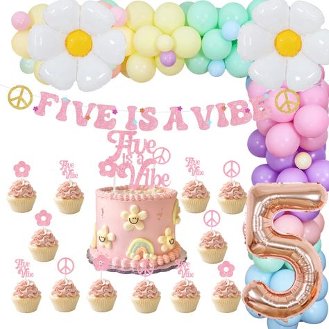 Three Is A Vibe Birthday, 5 Is A Vibe Birthday Party Activities, 5 Girl Birthday Party Ideas, 5th Birthday Girl Party Ideas, Five Year Old Girl Birthday Party Theme, 5th Birthday Girl Themes, Five Birthday Party Ideas Girl, Groovy 5th Birthday Party, Five And Fabulous Birthday Party Ideas