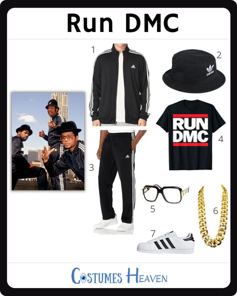 Run Dmc Costume, Black Bucket Hats, Adidas Track Top, Adidas Bucket Hat, Track Bottoms, Hip Hop Playlist, 80s Hip Hop, Costume Guide, Black Halloween Dress