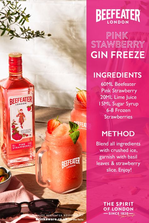 Beefeater Strawberry Gin Cocktail, Beefeater Pink Gin Cocktails, Pink Gin Cocktails, Beefeater Gin, Best Gin Cocktails, Strawberry Gin, Beefeater London, Watermelon Cocktail, Gin Distillery