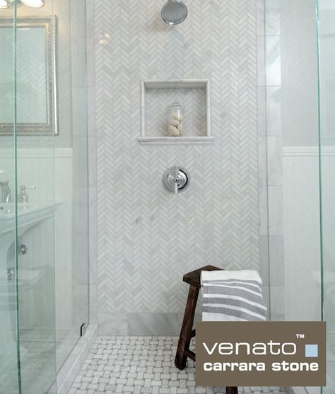 Trim around the soap dish! Carrara Venato 1x3 Herringbone and Gray Dot Basketweave Mosaic Hampton Style Bathroom, Herringbone Shower Tile, Hamptons Style Bathroom, Herringbone Shower, Herringbone Mosaic Tile, Shower Tiles, Marble Showers, Bad Inspiration, Master Bath Remodel