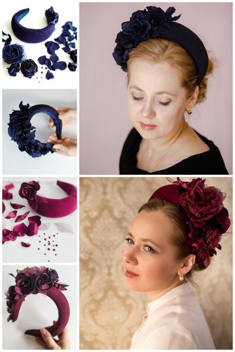 Christmas Fascinator, Navy Blue Fascinator, Navy Fascinator, Navy Blue Hat, Flower Head Wreaths, Fascinator Hats Diy, Floral Fascinators, Elegant Headband, Blue Fascinator