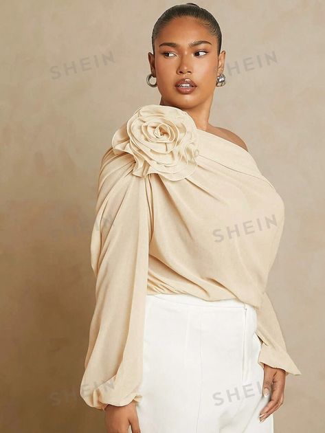 SHEIN Haute Plus Asymmetric Off Shoulder Shirt With 3D Flower | SHEIN USA Off Shoulder Shirt, Plain Tops, Elegant Dresses Long, Chiffon Long Sleeve, Loose Shirts, Shoulder Shirts, Plus Size Blouses, Fall 2024, Elegant Dress