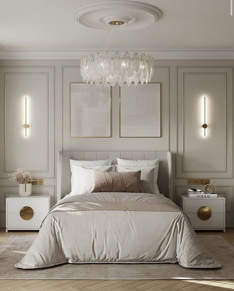 Simple Master Room Interior Design, Masteroom Design, French Moulding Bedroom, Modern Classic Interiors, Mdf Panelling Wall Master Bedrooms, Real Bedroom Ideas, Guestroom Inspirations, Classic Master Bedrooms Decor, Modern Classic Interior Bedroom