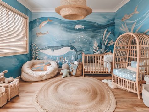 Ocean Nursery Theme, Ocean Themed Nursery, Beach Nursery, Nursery Designs, Ocean Nursery, Cozy Boho, Boy Toddler, Fun Adventure, Boho Nursery