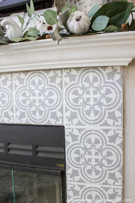 Simply Beautiful by Angela: DIY Stenciled Tile Fireplace Stencil Fireplace Tile, Stencil Fireplace, Stenciled Tile, Tile Around Fireplace, Unused Fireplace, Fireplace Redo, Diy Fireplace Makeover, Slate Fireplace, Tile Fireplace