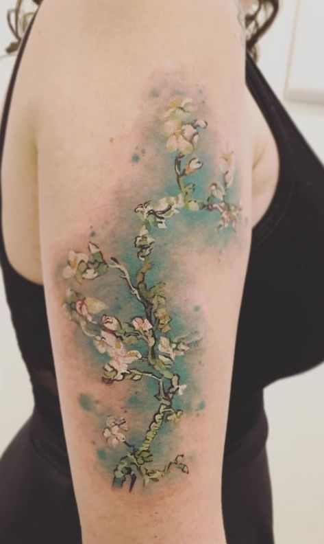 Van Gogh Blossom Tattoo, Van Gogh Cherry Blossoms Tattoo, Van Gogh Almond Blossom Tattoo, Almond Blossoms Tattoo, Impressionism Tattoo, Monet Tattoo Ideas, Almond Tattoo, Almond Flower Tattoo, Almond Blossom Tattoo