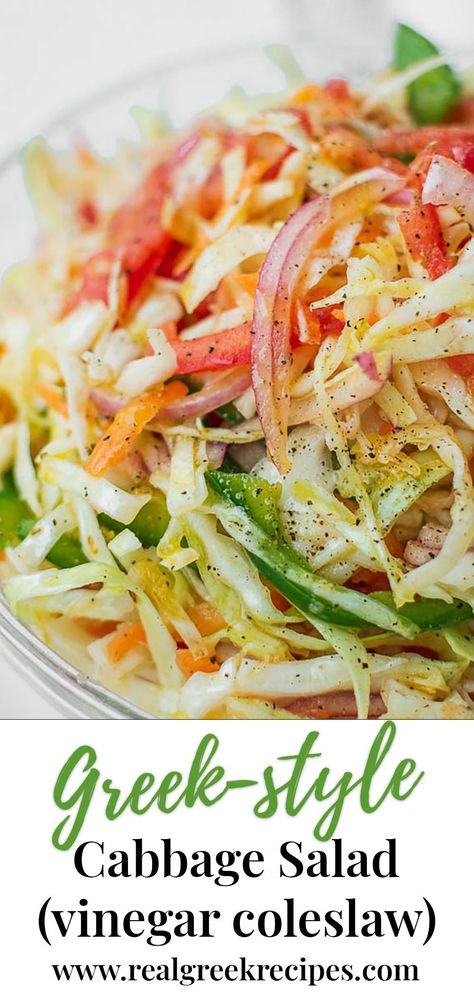 A healthy, Greek-style coleslaw salad that's left to marinate for 1 hour. This way you get the BEST dressing ever! Greek Cabbage, Vinegar Coleslaw, Coleslaw Salad, Cabbage Salad Recipes, Fresh Salad Recipes, Slaw Recipes, Best Salad Recipes, Coleslaw Recipe, Cabbage Salad