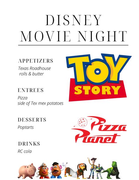 Enjoy Toy Story and a treat with the family on movie night! Toy Story Movie Night Ideas, Disney Movie Night Ideas, Cousin Activities, Toy Story Movie Night, Movie Meals, Disney Movie Themed Dinner, Movie Recipes, Disney Christmas Movies, Disney Themed Movie Night