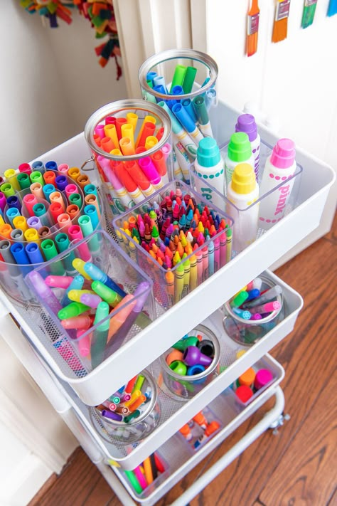 Kids Craft Storage, Creative Playroom, Organized Playroom, Playroom Organization Ideas, Craft Cart, Craft Closet, Kids Basement, Playroom Storage, Art Cart