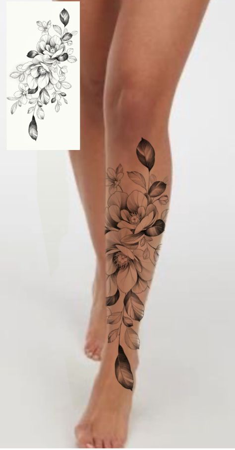 Leg Tattoos Women Cover Scar, Floral Shin Tattoos For Women, Shin Tattoos For Women Ideas, Ankle Cuff Tattoo, Leg Scars, Lower Leg Tattoos, Wrap Around Tattoo, Cuff Tattoo, Shin Tattoo