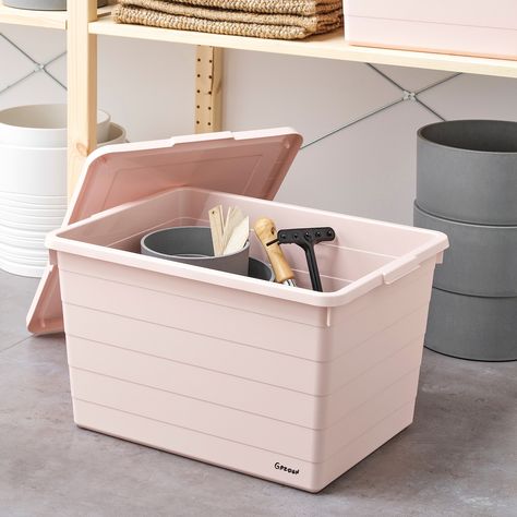 Ikea Sockerbit, Household Storage Containers, Pink Storage, Organizational Design, Ikea Storage, Tiny Space, Pink Box, Box With Lid, Ikea Hack