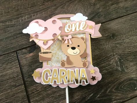 Teddy Bear Theme Birthday, Pink Ribbon Cake, Bear First Birthday Party, Hot Air Balloon Cake Topper, Bear Theme Birthday, First Birthday Party Girl, Teddy Bear First Birthday, Teddy Bear Cake Topper, Gold Teddy Bear