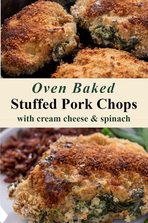 An easy recipe for baked pork chops stuffed with cream cheese and spinach Breaded Stuffed Pork Chops, Cream Cheese Spinach Stuffed Pork Chops, Stuffed Pork Chops Bone In, Easy Stuffed Pork Chops Baked In Oven, Stuffed Pork Loin Chops, Stuffing For Pork Chops, Stuffed Pork Chops In Oven, Stuffed Pork Chops Baked In Oven, Cream Cheese Stuffed Pork Chops