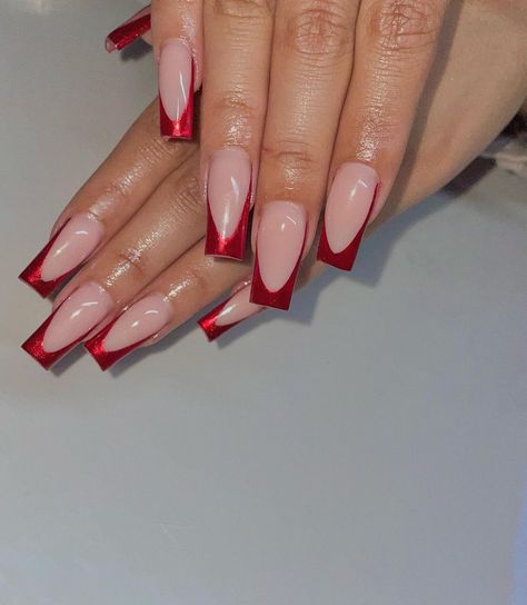 Red French Tip Nails Crome, French Tip Red Chrome, Metallic Red French Tip Nails, Red Chrome French Tip Nails Square, Red Chrome Tips Nails, Red Full Set Nails, Red Chrome French Nails, Red Valentines Day Nails Acrylic Short, Red Chrome Tips