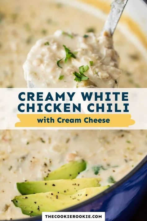 Creamy White Chili With Cream Cheese, Thick White Chicken Chili, White Chicken Chili With Cream Cheese, White Chicken Chilli Recipes, White Chicken Chili Cream Cheese, Chicken Chili With Cream Cheese, Chili With Cream Cheese, Best White Chicken Chili Recipe, White Chicken Chilli