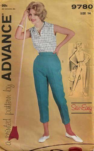 1960's Cropped Cigarette Pants and Blouse Sewing Pattern Size 14 UNCUT Vintage Advance 9780 60s Fashion Women, 1960s Fashion Women, Blouse Sewing Pattern, 50th Clothes, 60s Women, Blouse Sewing, Fifties Fashion, Vintage Dress Patterns, Blouse Pattern Sewing