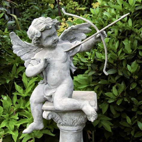 Okay, who let Cupid play with his bows and arrows again and scare the love birds away? Buddha Flower, Angel Garden Statues, Stone Garden Statues, Love Statue, Goth Garden, Cement Garden, Perspective Drawing Architecture, Life Size Statues, Greek Gods And Goddesses