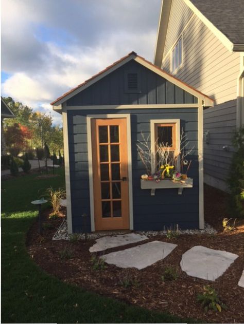 How-To Choose A Color Scheme for Your Shed | Summerstyle Bunkie Exterior Colours, Backyard Shed Color Ideas, Small Shed Paint Ideas, How To Make A Shed Look Nice, Garden Shed Colours Color Schemes, Fun Shed Colors, Storage Building Paint Colors, Dark Shed Colors, Backyard Shed Paint Colors