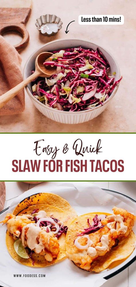 This cabbage slaw recipe for fish tacos is a must-try for anyone who loves a refreshing and crunchy topping on their tacos! It's super easy to make and adds a great contrast to the soft texture of the tortilla and the fish. With its crunchy, cooling, and tangy flavor, you won't be disappointed. This slaw recipe can also be served as a side dish to other mexican recipes. For the full recipe and a video tutorial, check out my blog. Cabbage For Fish Tacos, Cabbage Slaw For Tacos, Recipe For Fish Tacos, Fish Tacos With Cabbage Slaw, Slaw For Tacos, Tangy Slaw, Slaw For Fish Tacos, Recipe For Fish, Fish Tacos With Cabbage