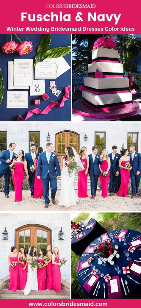 Navy And Fuchsia Wedding, Fuschia And Navy Wedding, Navy And Pink Bridal Party, Bridesmaid Dresses Fuschia, Hot Pink And Navy Wedding, Wedding Recuerdos, Fuschia Bridesmaid, Gown For Plus Size, Fuschia Bridesmaid Dresses