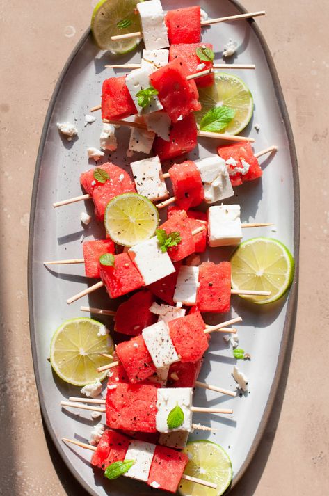 Watermelon Feta Skewers – Quarter Soul Crisis Watermelon Skewers, Tomato Party, Watermelon Appetizer, Watermelon Recipe, Grilled Watermelon, Canapes Recipes, Skewer Appetizers, Lunch Party, Watermelon And Feta