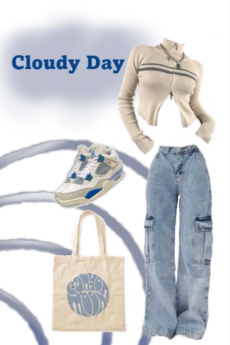 blue jeans, tote bag, nike shoes, cream top, rainy day, cloudy day outfit inspo, blue chill aesthetic Chill Rainy Day Outfit, Cloudy Day Outfit, Cloudy Day Outfits, Rainy Outfit, Y2k Acubi, Blue Y2k, Cloudy Day, Day Outfit, Rainy Day Outfit