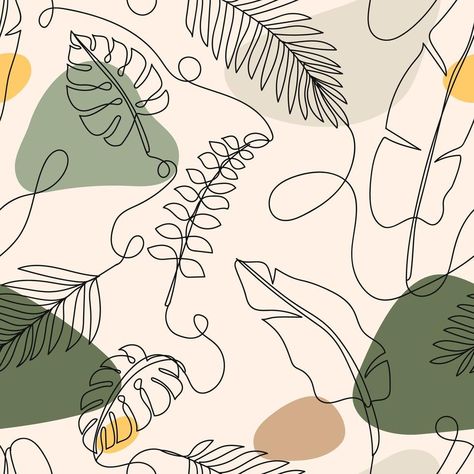 Tropical Theme Wallpaper, Leaves Illustration Pattern, Tropical Line Art, Tropical Moodboard, Line Art Background, Leaves Doodle, Minimal Background, Tropical Illustration, Cafe Wall Art